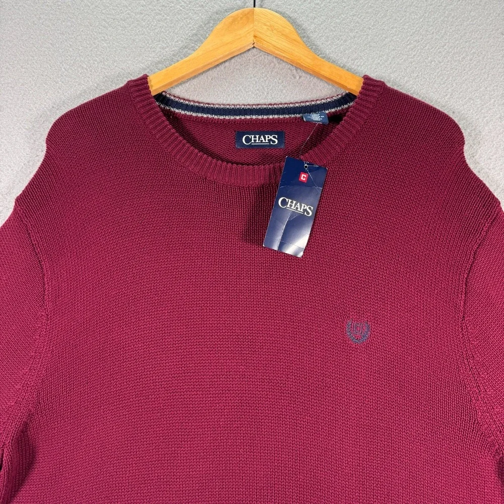 Chaps Iconic Crew Knit‎ Sweater Mens XL Wine Red Crest Comfort Grandpa Trendy